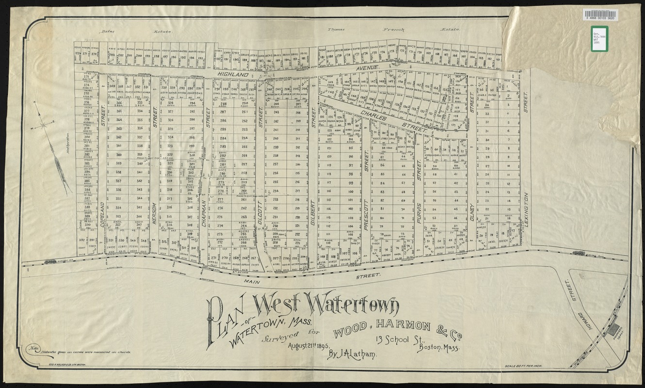 Plan of West Watertown, Watertown, Mass., surveyed for Wood, Harmon & Co., 13 School St., Boston, Mass.