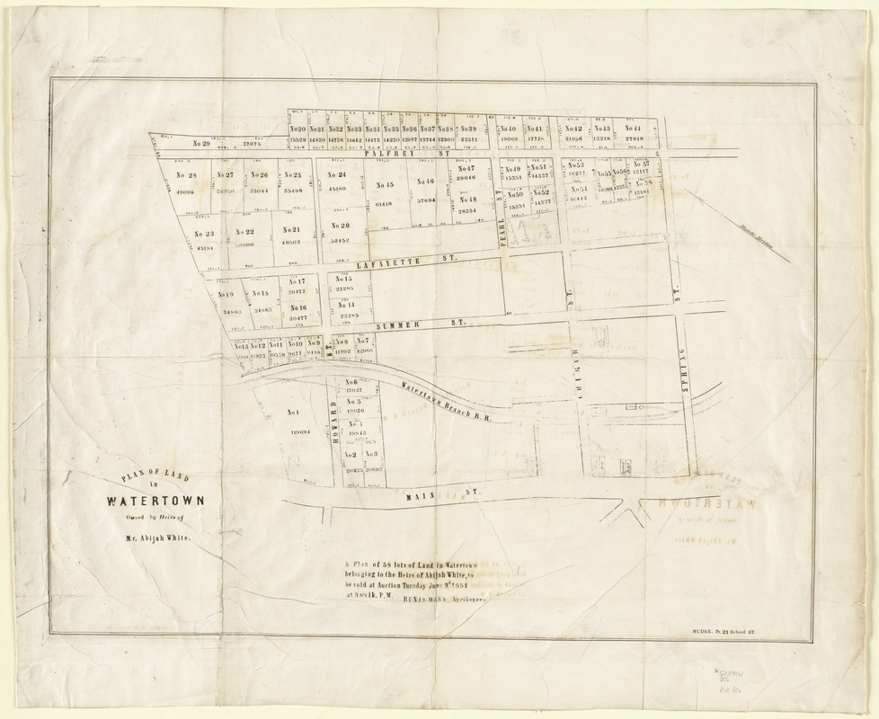Plan of land in Watertown owned by heirs of Mr. Abijah White. a plan of 58 lots of land in Watertown belonging to the heirs of Abijah White, to be sold at auction tuesday June 3d 1851 at 3 o'clk. P.M.