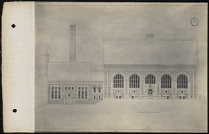 Distribution Department, Chestnut Hill Low Service Pumping Station, architect's line drawing of a proposed design; submitted by Wheelwright & Haven (letter A enclosed in a circle), Brighton, Mass., ca. 1898