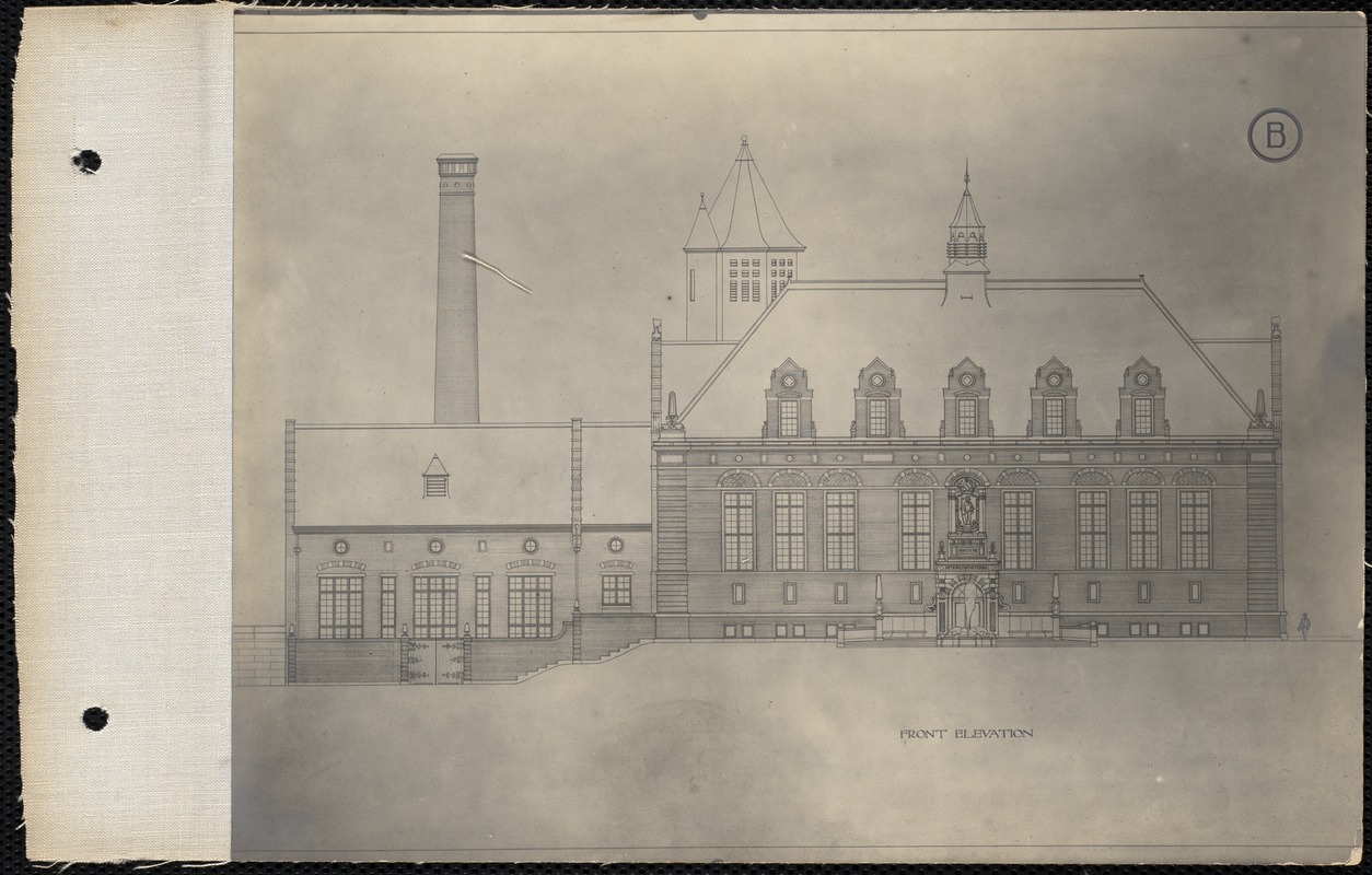 Distribution Department, Chestnut Hill Low Service Pumping Station, architect's line drawing of a proposed design; submitted by Wheelwright & Haven (letter B enclosed in a circle), Brighton, Mass., ca. 1898