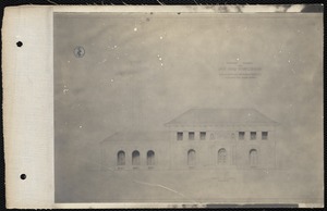 Distribution Department, Northern High Service Spot Pond Pumping Station, architect's rendering of a proposed design (front elevation); submitted by (not known) (dolphin enclosed in circle), Stoneham, Mass., ca. 1898