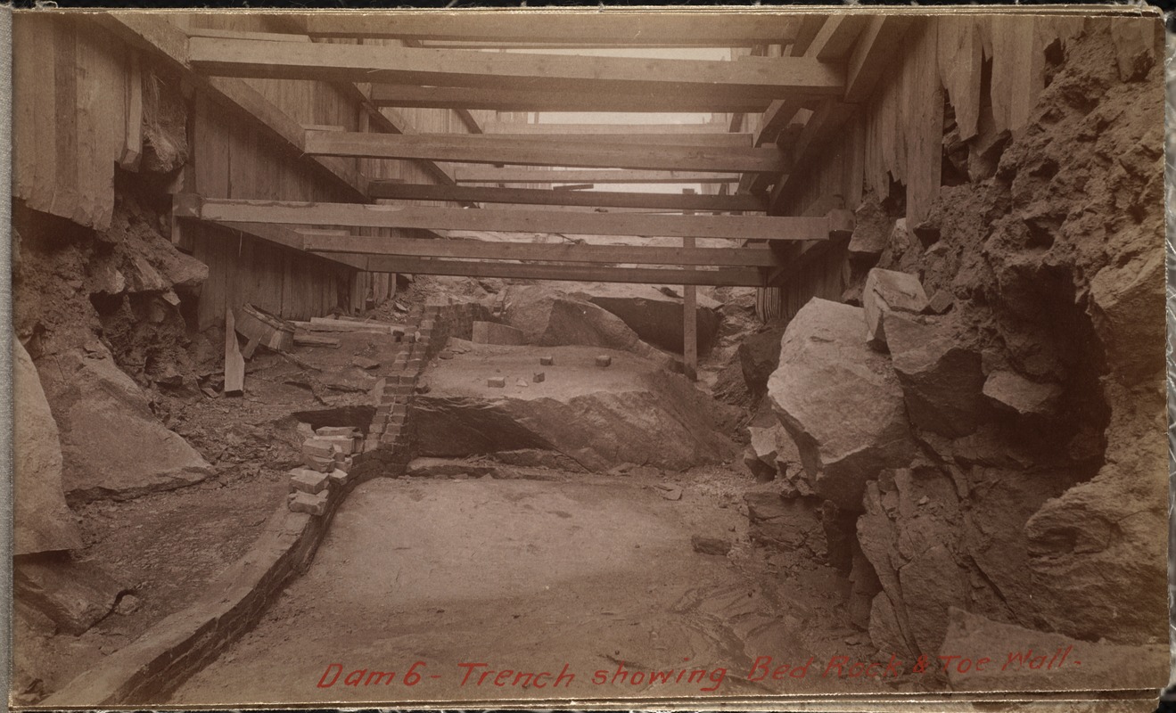 Sudbury Department, Hopkinton Dam, trench showing bed rock and toe wall