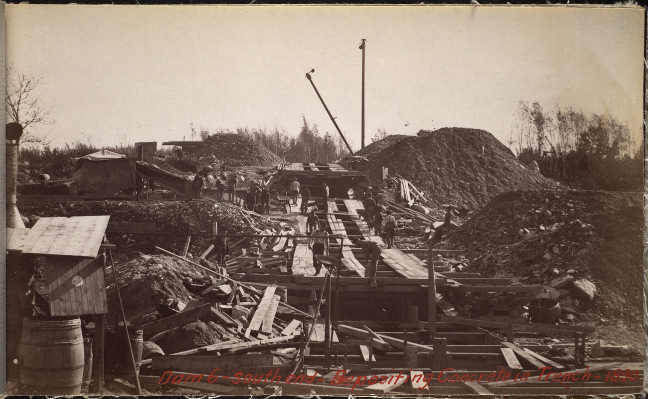 Sudbury Department, Hopkinton Dam, depositing concrete in trench, southerly end, Ashland, Mass., 1890