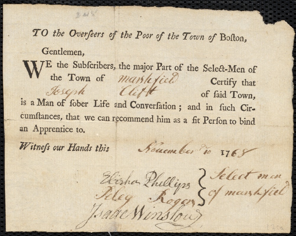 Abigail Waddle indentured to apprentice with Joseph Clift of Marshfield, 14 December 1768