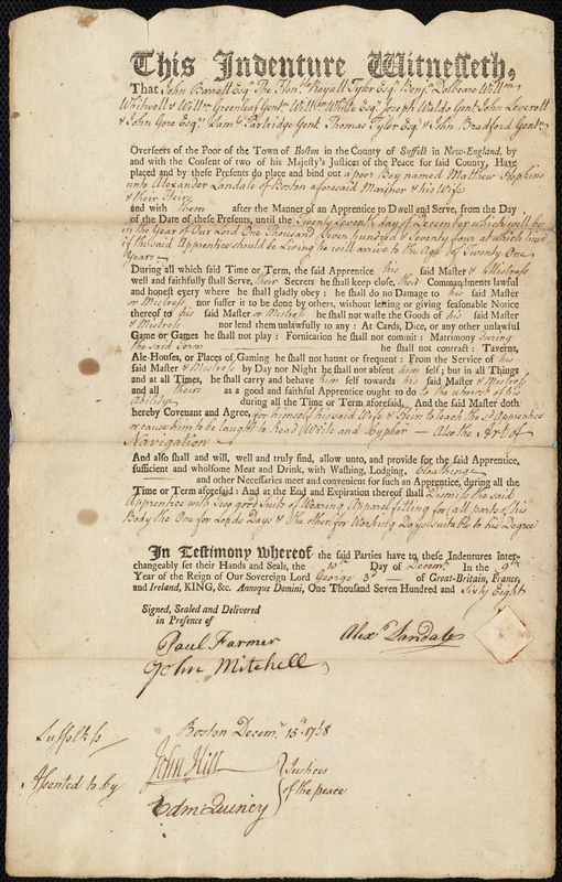 Matthew Hopkins indentured to apprentice with Alexander Landale of Boston, 10 December 1768