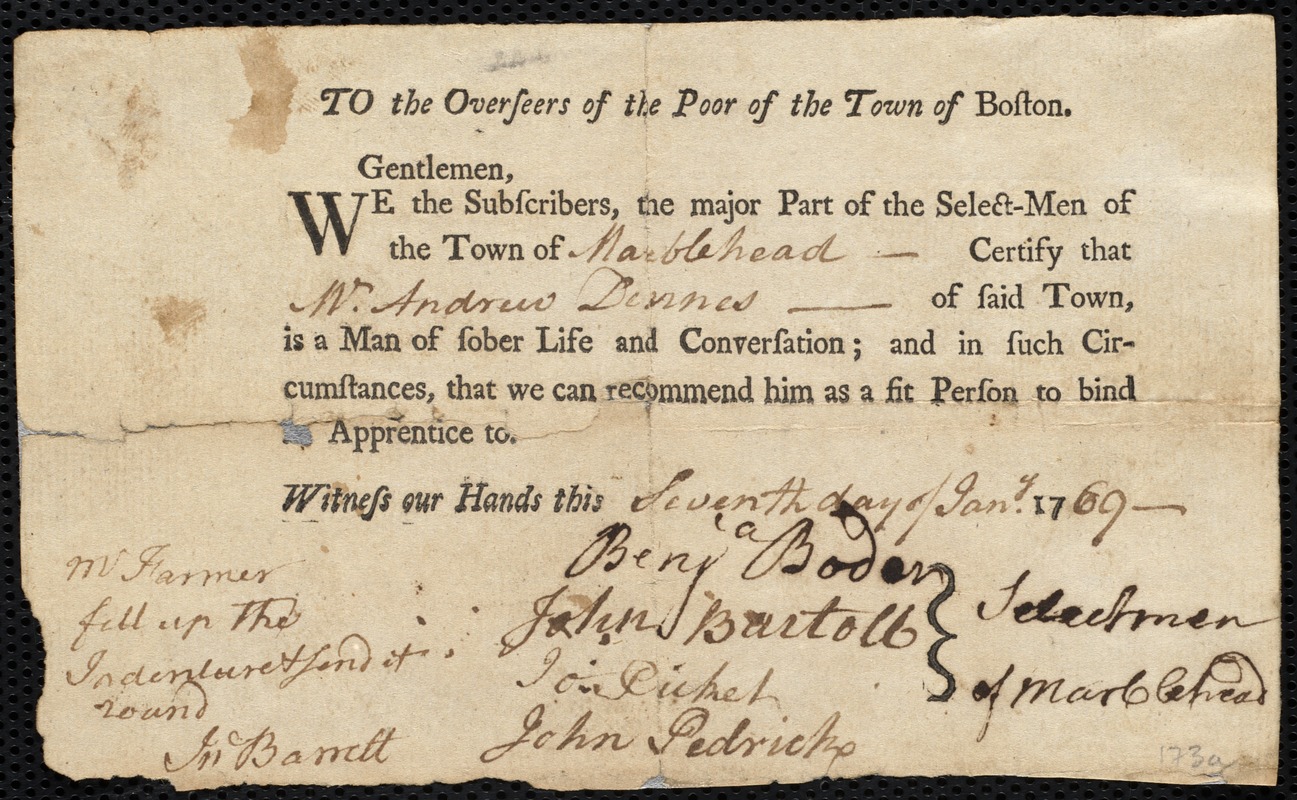 Joseph Harley indentured to apprentice with Andrew Dennis of Marblehead, 9 January 1769