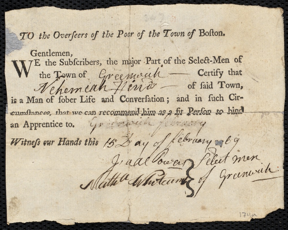John Lucas indentured to apprentice with Nehemiah [Nemiah] Hinds of Greenwich, 22 February 1769