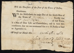 William Warner indentured to apprentice with Samuel Foster of Harwich, 21 March 1769