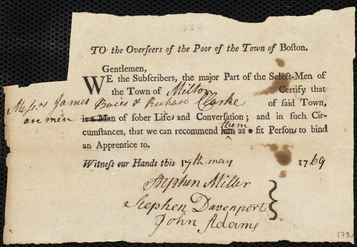 Nathan Procter indentured to apprentice with Richard [Rich] Clark of Milton, 9 May 1769