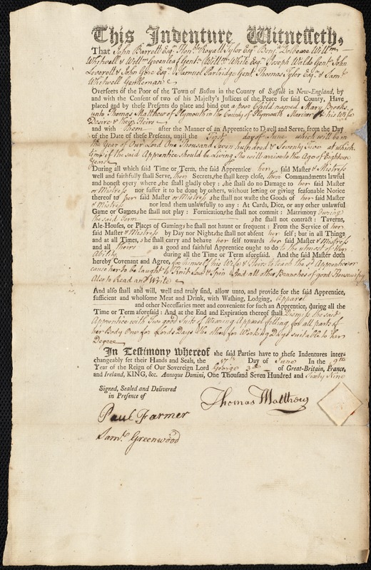 Mary Brooks indentured to apprentice with Thomas Matthew of Plymouth, 17 June 1769
