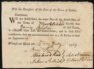 Elizabeth Pimm indentured to apprentice with James Barter of Marblehead, 21 August 1769