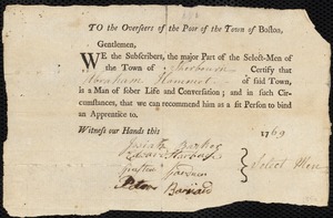 Nathaniel Rhodes indentured to apprentice with Abraham Hammatt of Sherburn, 8 September 1769