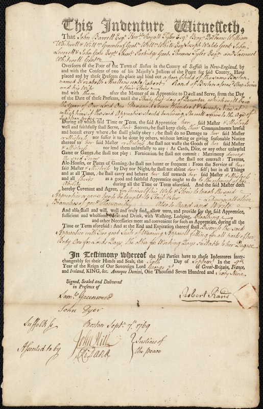 Elizabeth Mullins indentured to apprentice with Robert Rand of Boston, 6 September 1769