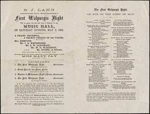 B. J. Lang announces that Mendelssohn's First Walpurgis Night will be given at the Music Hall, on Saturday evening, May 3, 1862