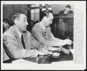 Accardo Balks at Crime Probe--Dapper Anthony J. (Tony) Accardo (left), reputed Chicago underworld gambling boss, sits at the witness table today with his hands folded, refusing to tell the senate crime investigators about his income and associates. The senators voted to cite him for contempt. With Accardo is his attorney, George Callaghan.