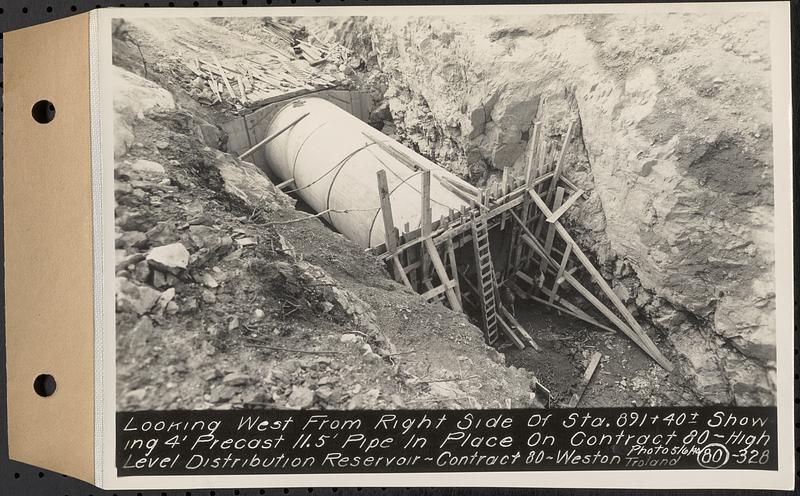 Contract No. 80, High Level Distribution Reservoir, Weston, looking west from right side of Sta. 891+40+/- showing 4 feet precast 11.5 feet pipe in place on Contract 80, high level distribution reservoir, Weston, Mass., May 6, 1940