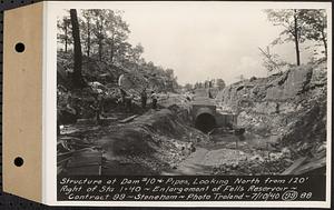 Contract No. 99, Enlargement of Fells High Level Distribution Reservoir, Stoneham, Malden, Melrose, structure at dam 10 and pipes, looking north from 120 feet right of Sta. 1+40, enlargement of Fells Reservoir, Stoneham, Mass., Jul. 10, 1940