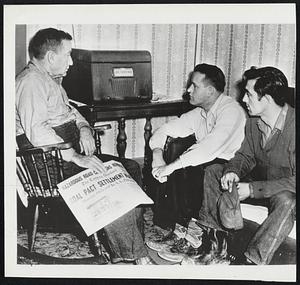 News Fails To Change Their Minds -- Three Fayette County, Pa., miners listen passively to developments in the John L. Lewis back-to-work drive. The miners, members of the Lake Lynn UMW local, said they will not go back to work.