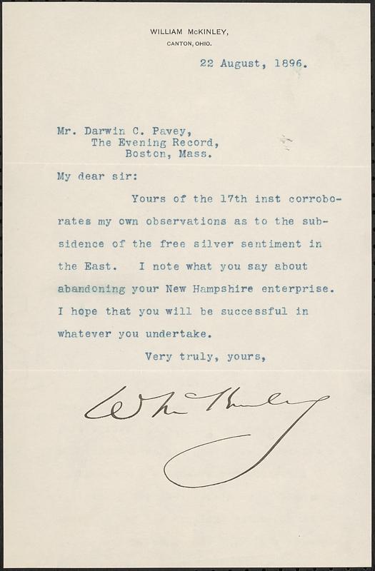 Letter from William McKinley, Canton, Ohio, to Darwin C. Pavey, Boston, Mass., 1896-08-22