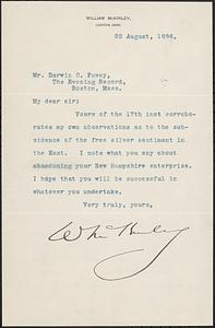 Letter from William McKinley, Canton, Ohio, to Darwin C. Pavey, Boston, Mass., 1896-08-22