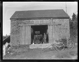 Man in barn with horse, buggy out front