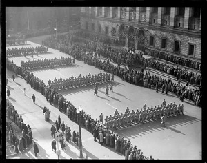 West Point cadets parade past Boston Public Library in Copley Square