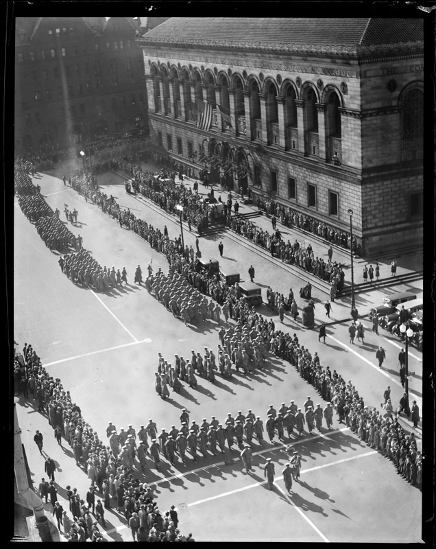 West Point cadets parade opposite Boston Public Library in Copley Square