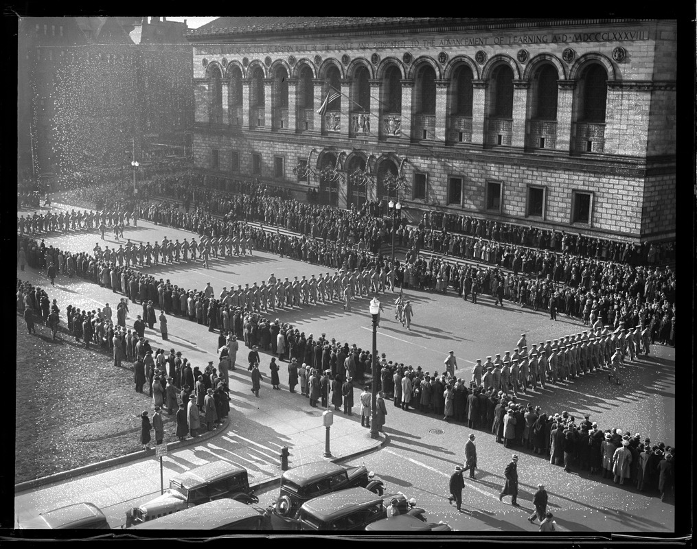 West Point cadets parade past Boston Public Library in Copley Sq.