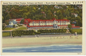 Aerial view of Hotel Preston, cottages and beach -- Beach Bluff, Swampscott, Mass.