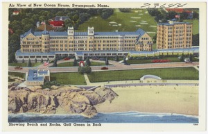 Air view of new Ocean House, Swampscott, Mass., showing beach and rocks, golf green in back