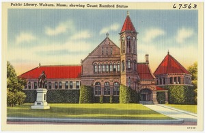 Public library, Woburn, Mass., showing Count Rumford Statue