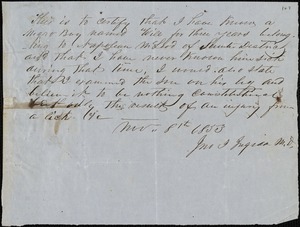 John J. Ingram, Charleston, S.C. [?], autograph letter signed to Ziba B. Oakes, 8 November 1853
