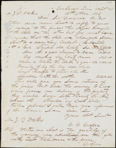 C.C. Cooper, Graham Turnout, N.C.[?], autograph letter signed to Ziba B. Oakes, 12 November 1853