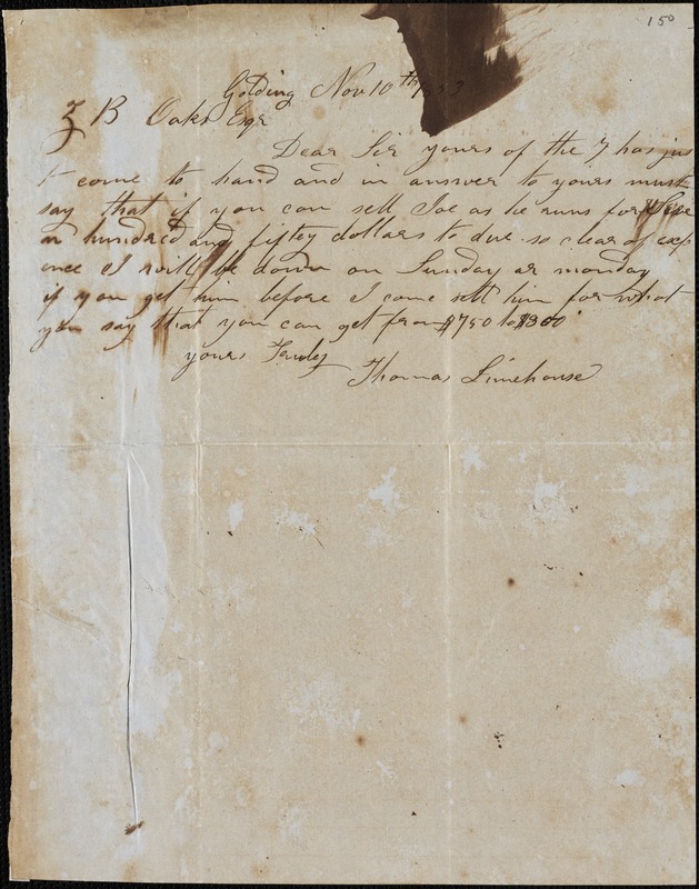 Thomas Limehouse, Goulding, S.C.[?], Autograph Letter Signed To Ziba B ...