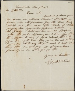 A. J. McElveen, Sumterville, S.C., autograph letter signed to Ziba B. Oakes, 9 November 1853