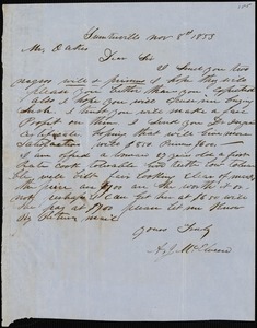 A. J. McElveen, Sumterville, S.C., autograph letter signed to Ziba B. Oakes, 8 November 1853