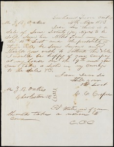 C.C. Cooper, Graham Turnout, S.C.[?], autograph letter signed to Ziba B. Oakes, 4 November 1853