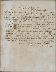 Thomas Limehouse, Goulding, S.C.[?], autograph letter signed to Ziba B. Oakes, 30 October 1853