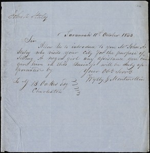 Wylly & Montmollin, Savannah, Ga., manuscript letter signed to Ziba B. Oakes, 18 October 1853