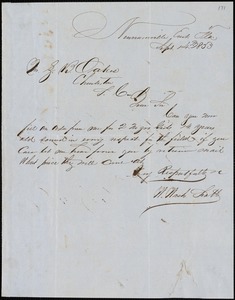 W. Washington Scott, Newnanville, Fla., autograph letter signed to Ziba B. Oakes, 14 September 1853