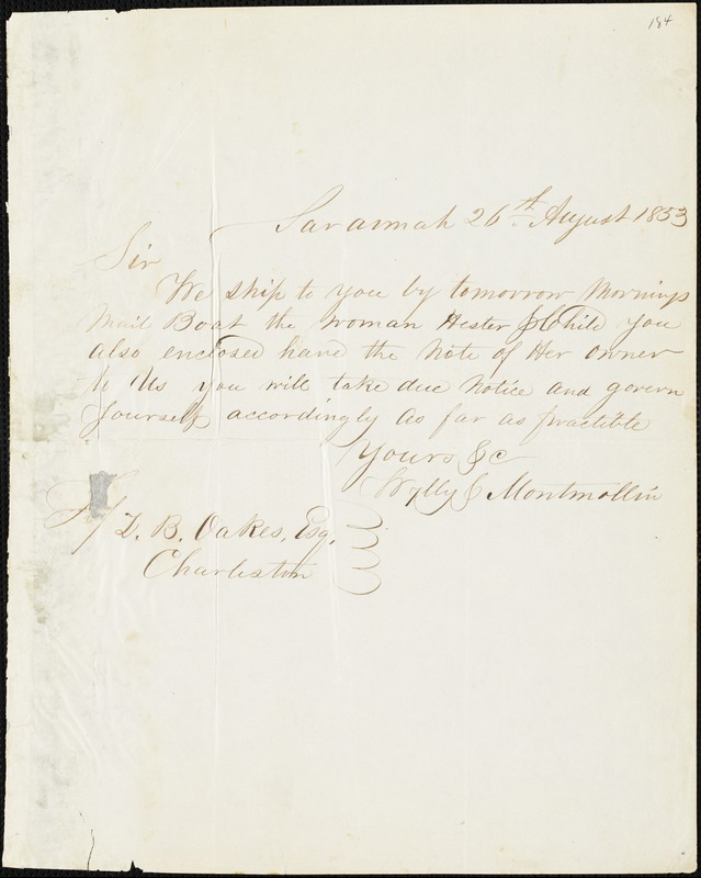 Wylly And Montmollin Savannah Ga Manuscript Letter Signed To Ziba B Oakes 26 August 1853 