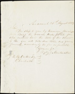 Wylly & Montmollin, Savannah, Ga., manuscript letter signed to Ziba B. Oakes, 26 August 1853