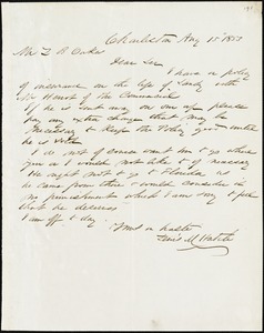 Lewis M. Hatch, Charleston, S.C., autograph letter signed to Ziba B. Oakes, 15 August 1853