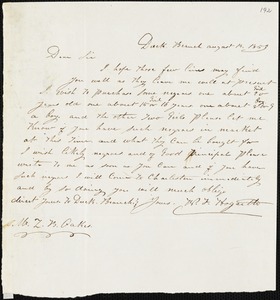 W.F. Hogarth, Duck Branch, [S.C.?], autograph letter signed to Ziba B. Oakes, 14 August 1853