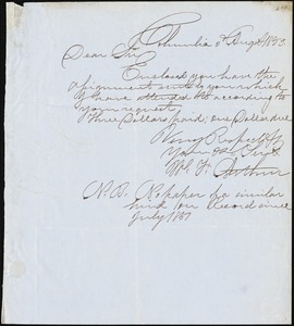 W.F. Arthur, Columbia, Tenn., autograph note signed to [Ziba B. Oakes], 3 August 1853