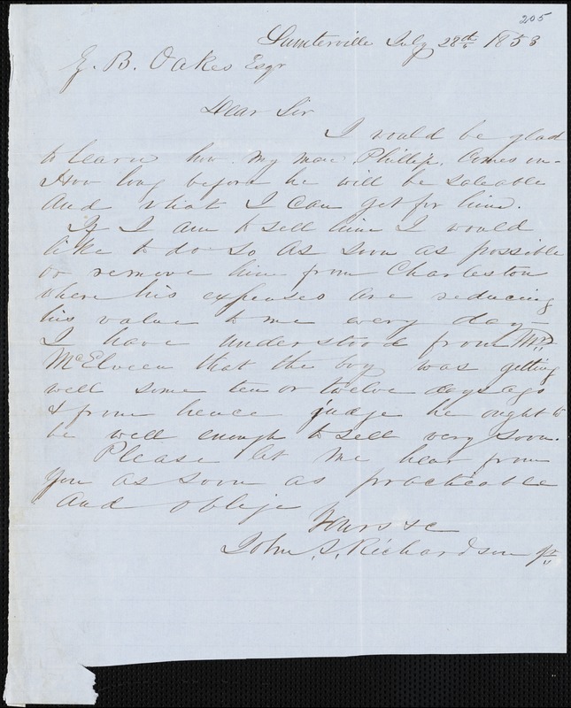 John J. Richardson, Sumterville, S.C., Autograph Letter Signed To Ziba ...