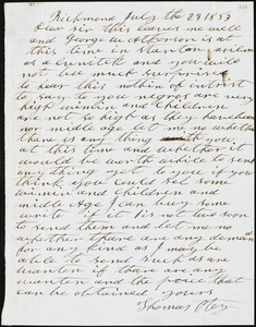 Thomas Otey, Richmond, Va., autograph letter signed to [Ziba B. Oakes?], 23 July 1853