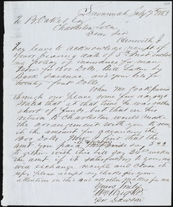 William Wright, Savannah, Ga., manuscript letter signed to Ziba B. Oakes, 7 July 1853