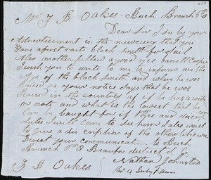 Nathan Johnston, Beech Branch, Tenn., autograph letter signed to Ziba B. Oakes