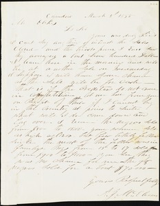 A. J. McElveen, Camden, S.C., autograph letter signed to Ziba B. Oakes, 5 March 1855